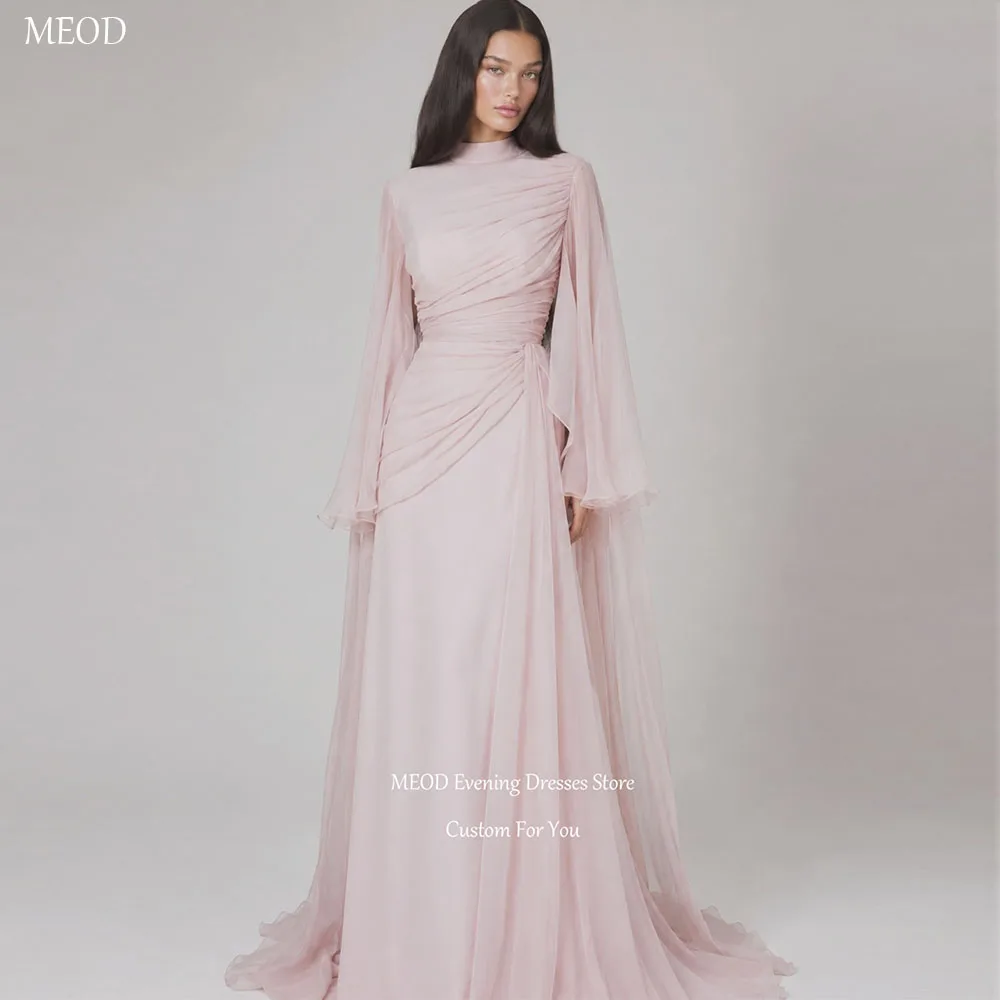 MEOD Rosa Abendkleid mit hohem Kragen, A-Linie, langärmelig, Chiffon, elegantes muslimisches Partykleid mit Glockenärmeln, maßgeschneidert
