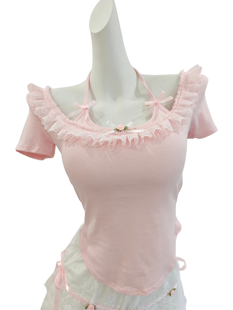 

Cute Tops Tee Women Summer Lace Trim Bows Decoration Lace-up Design O-Neck T-shirts for Sweet Girls Kawaii Clothes