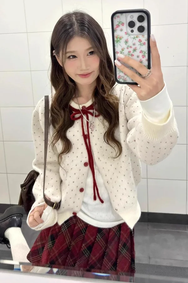 

Korean Sweet Style Polka Dot Knitted Cardigan for Women Winter 2025 Spring New Soft Cozy Sweater for Petite Ladies Cute Outfit