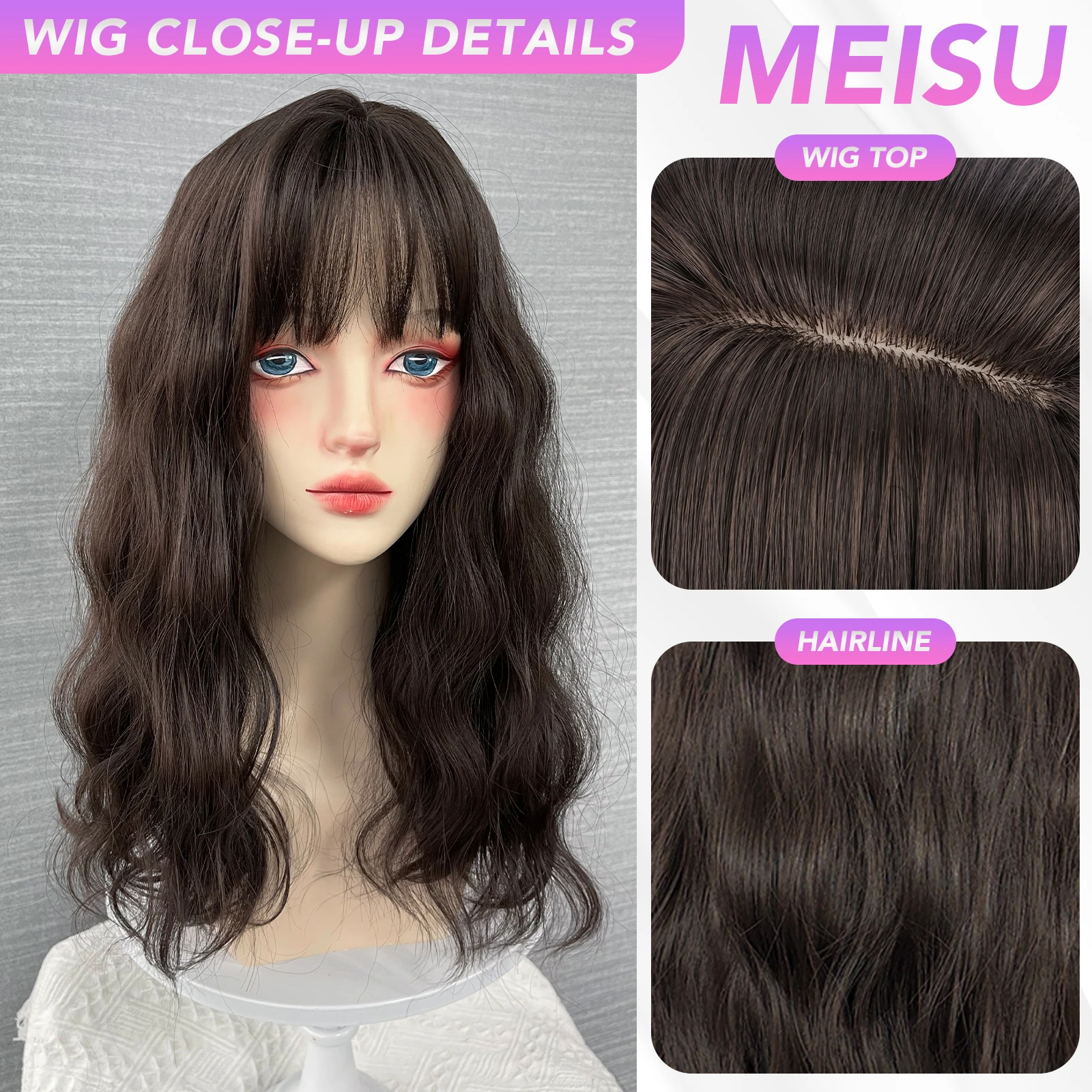 MEISU 18 Inch Water Curly Wave Bangs Wig Fiber Synthetic Heat-resistant Deep Wave Hair Natural Party or Selfie Cosplay Party