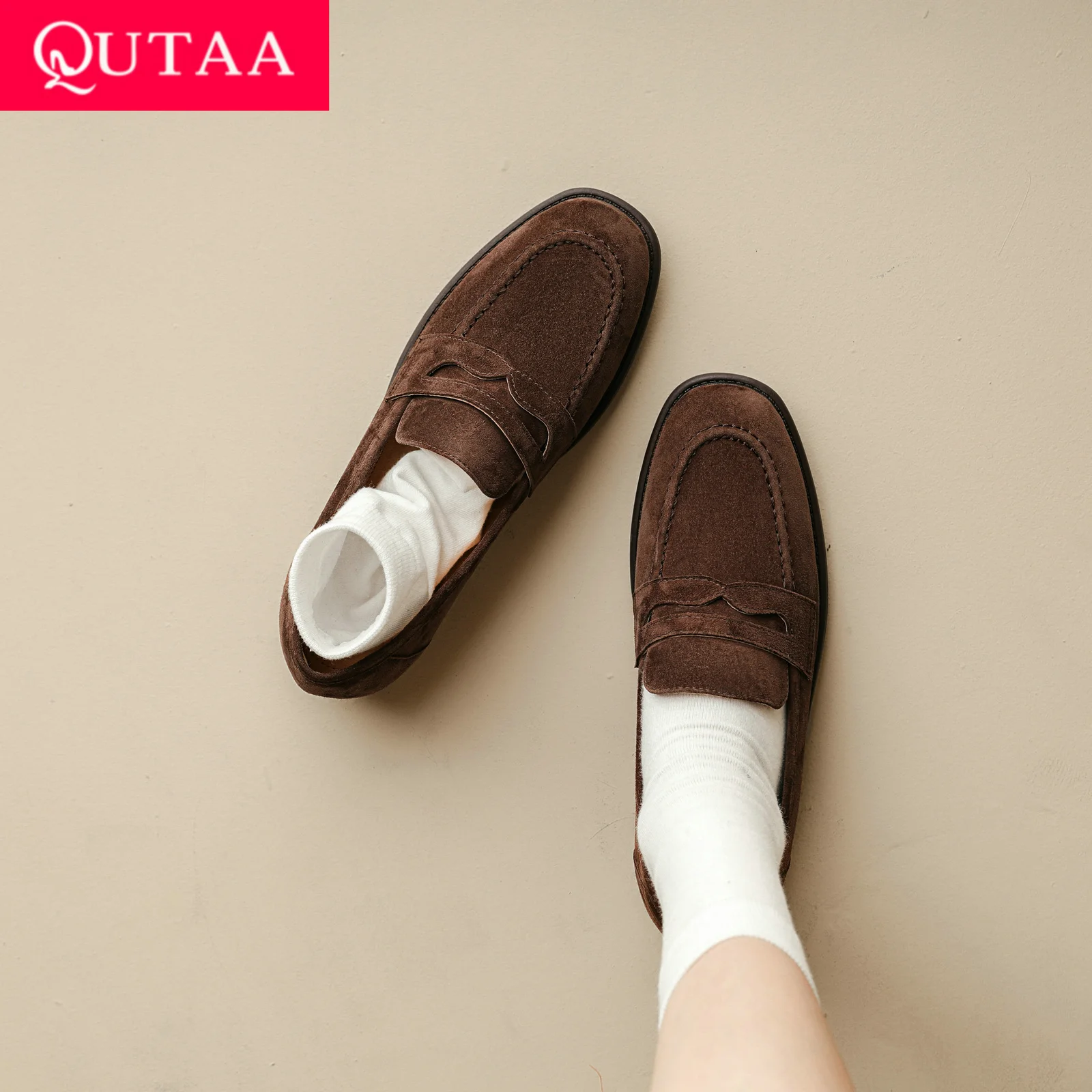 

QUTAA 2025 Fashion Women Pumps Shoes Kid Suede Leather Woman Spring Summer Low Flat Loafers Round Toe Office Ladies Size 34-40