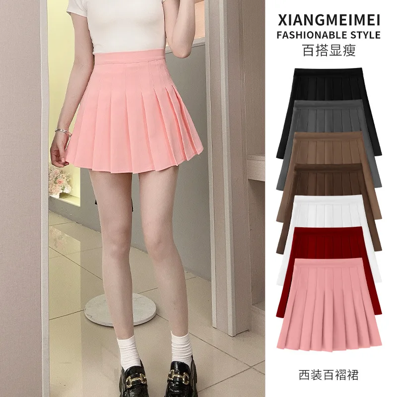 

Костюмная ткань, плиссированная юбка против морщин, весенне-летняя женская корейская мини-юбка А-образной формы с высокой талией в студенческом стиле