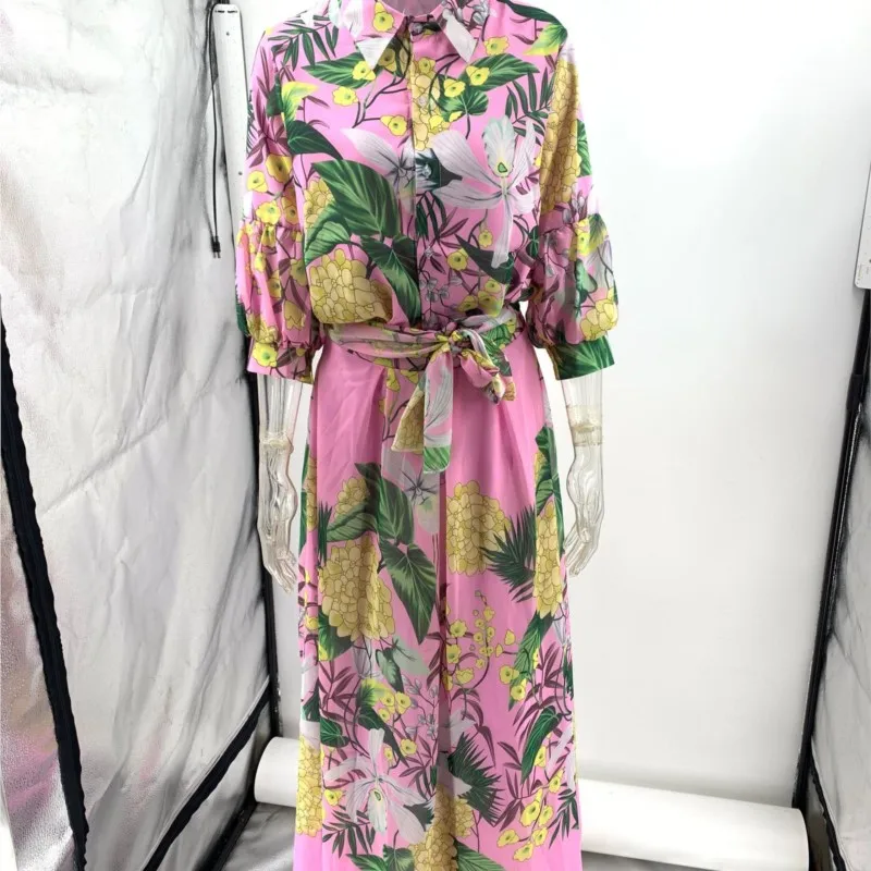 Casual Lapel Lantern Sleeve Shirt + Long Skirt Suit 2025 Fashion Lace Up Party Outfit Elegant Pattern Print  2 Piece Skirt Set image 3