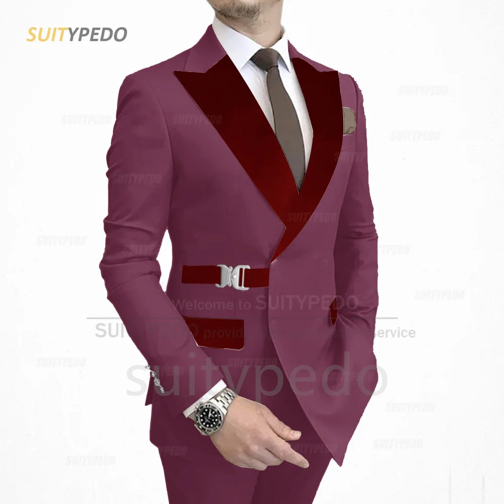 Ensemble Veste à Revers en Velours Bordeaux pour Homme, Tenue de Soirée, Blazer et Pantalon Élégants