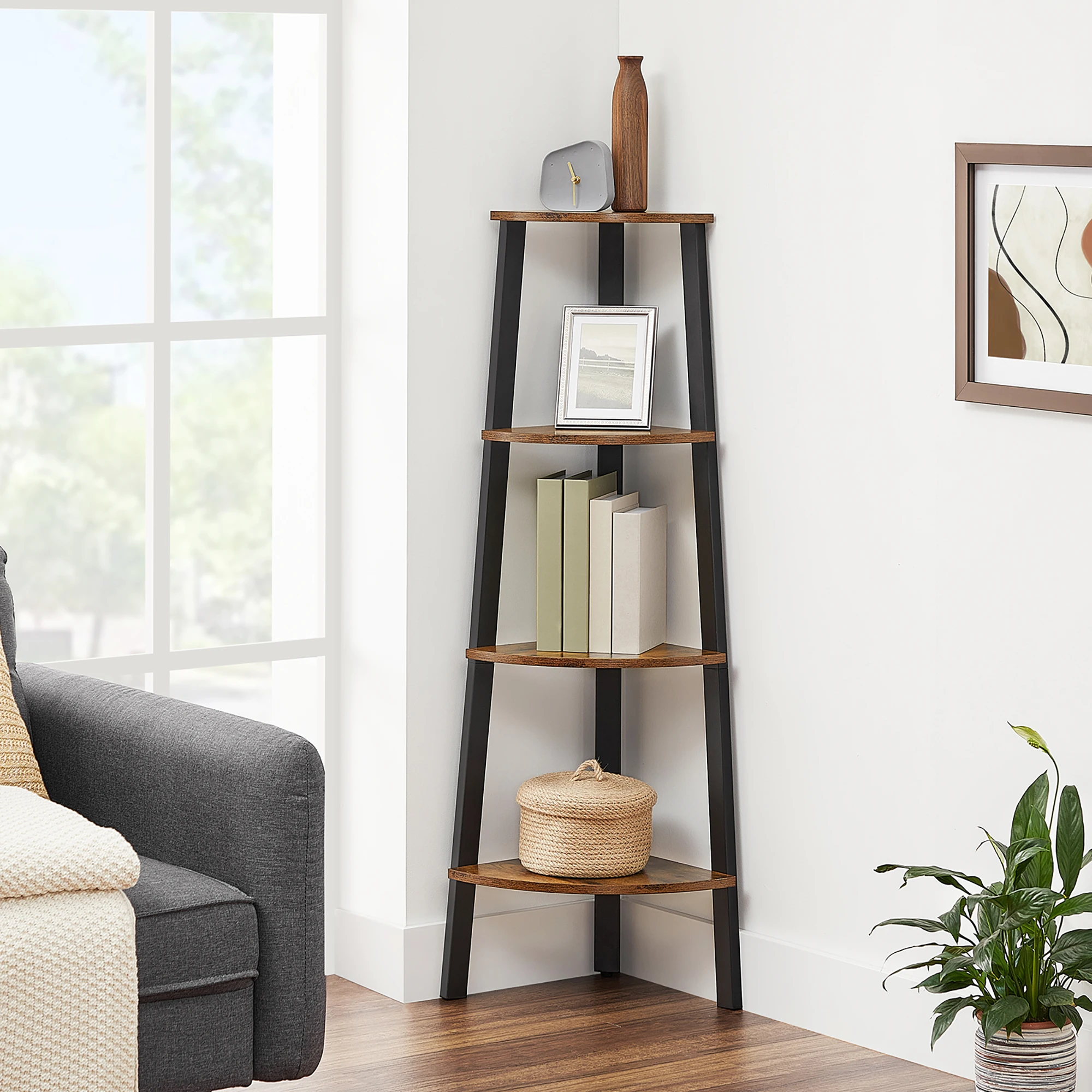 VASAGLE - Corner Shelf Bookcase - 4 Tier Ladder Shelf - Storage Unit, Plant Holder for Living Room