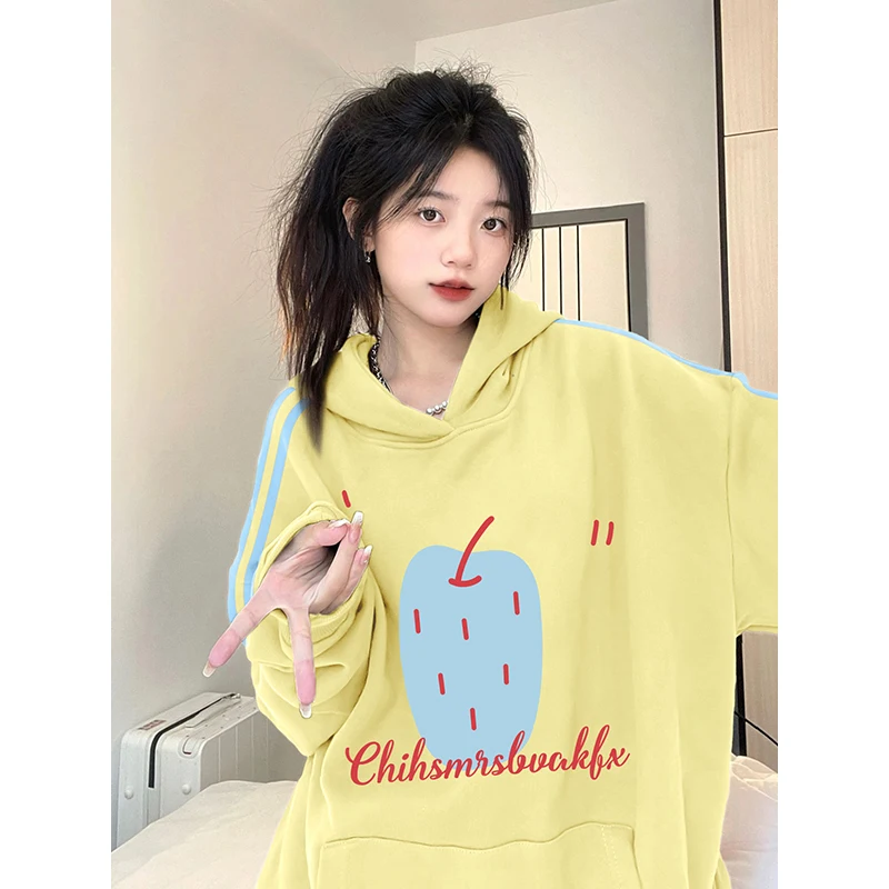 مقنعين Thiened طويل Sve Fce المرأة تي شيرت فضفاض INS اللون بلو تي شيرت شريط Ele العصرية ملابس خارجية البلوز #2