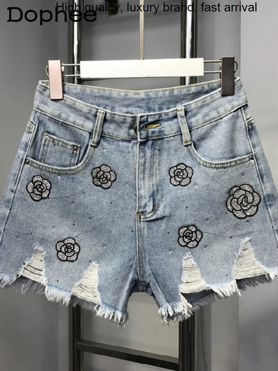 

Embroidery Drilling Heavy High Waist Slimming Denim Women 2023 Summer New Thin Ripped Wide-Leg Shorts Jeans Hot Pants