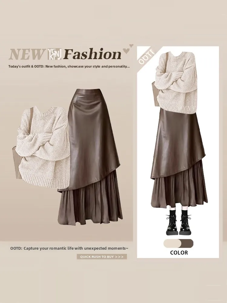 

Retro Patchwork Knitted Sweater And Skirt Set for Women Winter round Neck Asymmetrical Skirt Elegant Style Casual Wear