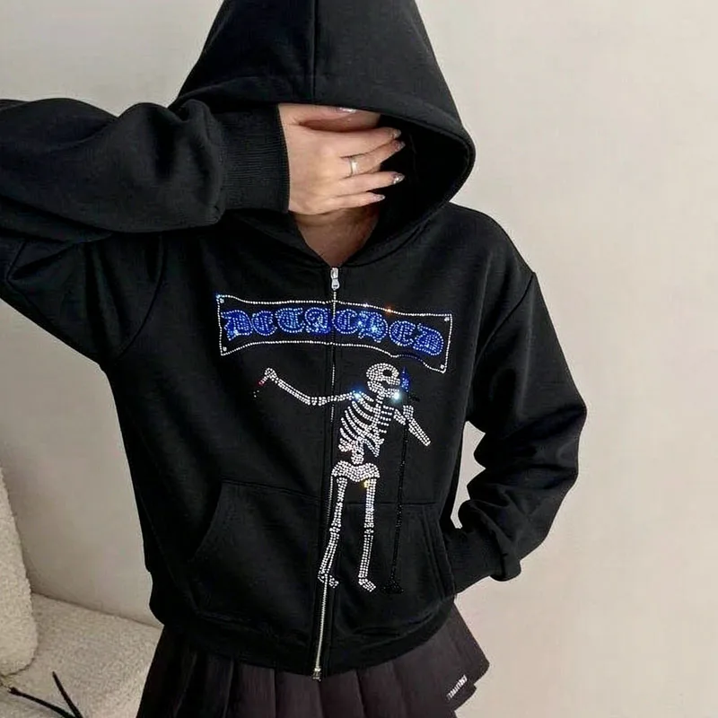 Dark Skull Rhinestone Pattern Hoodie Cardigan Zipper Long Sleeve American Gothic Hip Hop Top Music Festival Punk Women's Hoodie
