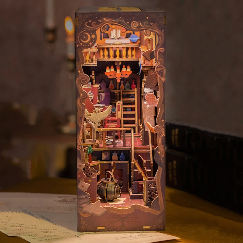 Kit de inserción de estante de rincón de libros de madera DIY, sujetalibros de escenario mágico, Kits de modelos en miniatura con luces, estantería para amigos, regalos de cumpleaños