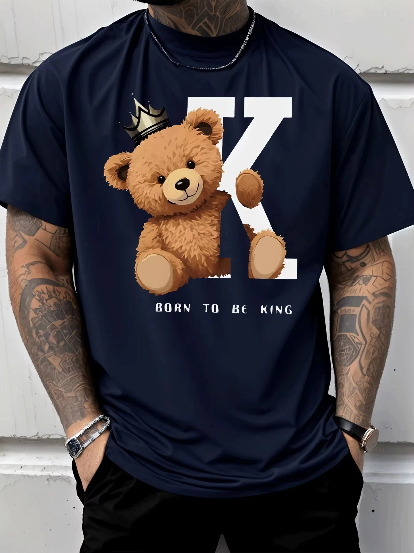 White Teddy Bear Crown Letter K Fashion Casual Trend T-shirt Cotton Graphic Tee Men Women Summer Streetwear
