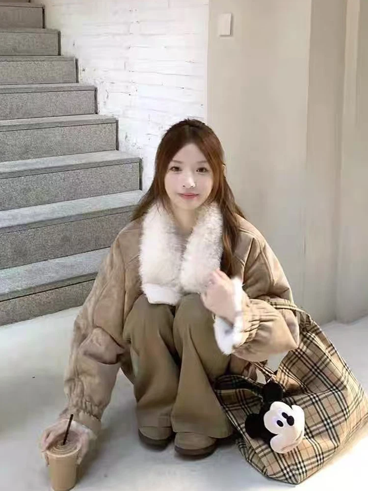 Koreański płaszcz damski ort, ciepły, z kołnierzem ze sztucznego futra, zimowa odzież wierzchnia, dopasowany krój, długi, jednolity kolor, zapinany na guziki, kurtka.