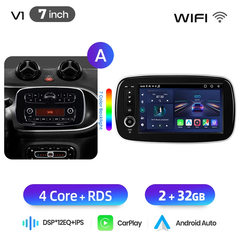 Junsun 8-Zoll Kabelloses CarPlay Android Auto Autoradio für Mercedes Benz Smart Fortwo 453 2014-2020 Multimedia Kabelloses Apple CarPlay Intelligente Systeme IPS Touchscreen Stereo-Videoplayer 2 Din