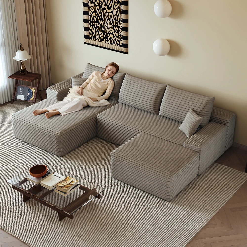 Image of 270cm Knochenloses Modulares Ecksofa, L-förmiges Modulares Sofa mit Sessel, Tiefer Sitzbereich, Kompressionsverpacktes Sofa, Keine Montage Erforderlich, Möbel für Wohnzimmer, Schlafzimmer & Apartment