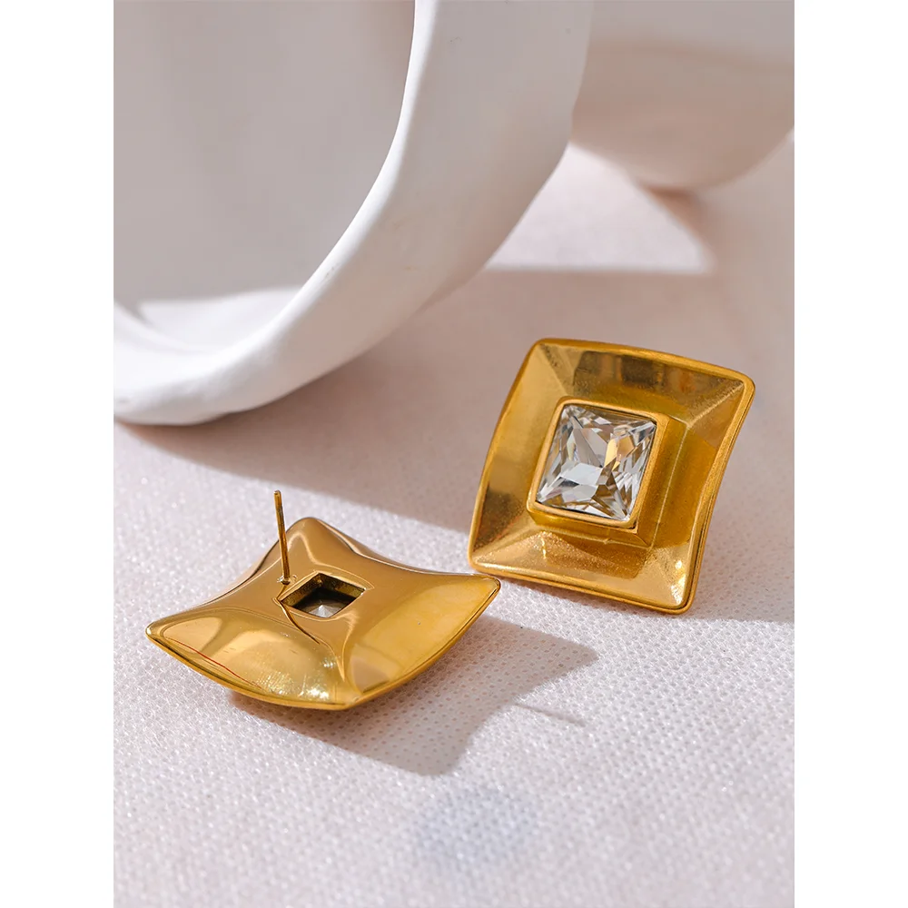 Yhpup Delicate Transparent Crystal Stainless Steel Square Stud Earrings Prevent Allergy Trendy Fashion Daily Jewelry Gift