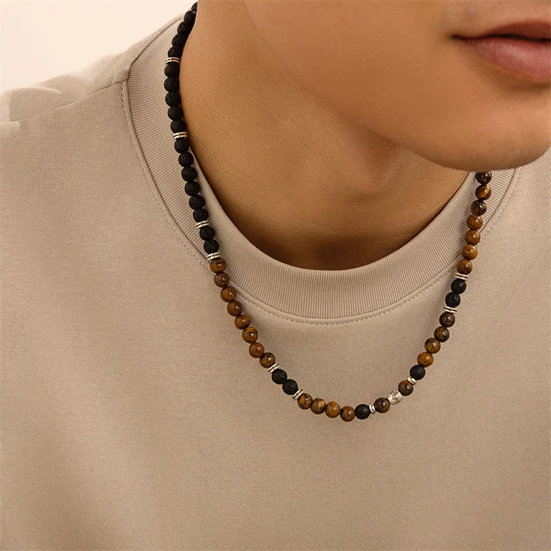 New Black Brown Beads Pendant Necklace for Men Trendy Accessories on the Neck Collar 2024 Fashion Jewelry Male Gift Decoration