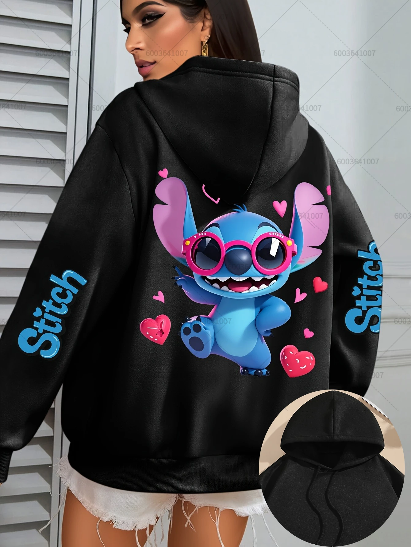 Women's Disney Stitch Cartoon LOVE Heart Fleece Hoodies Cotton Hoody Sweatshirt Pullover Autumn Winter Oversize Long Sleeves Top