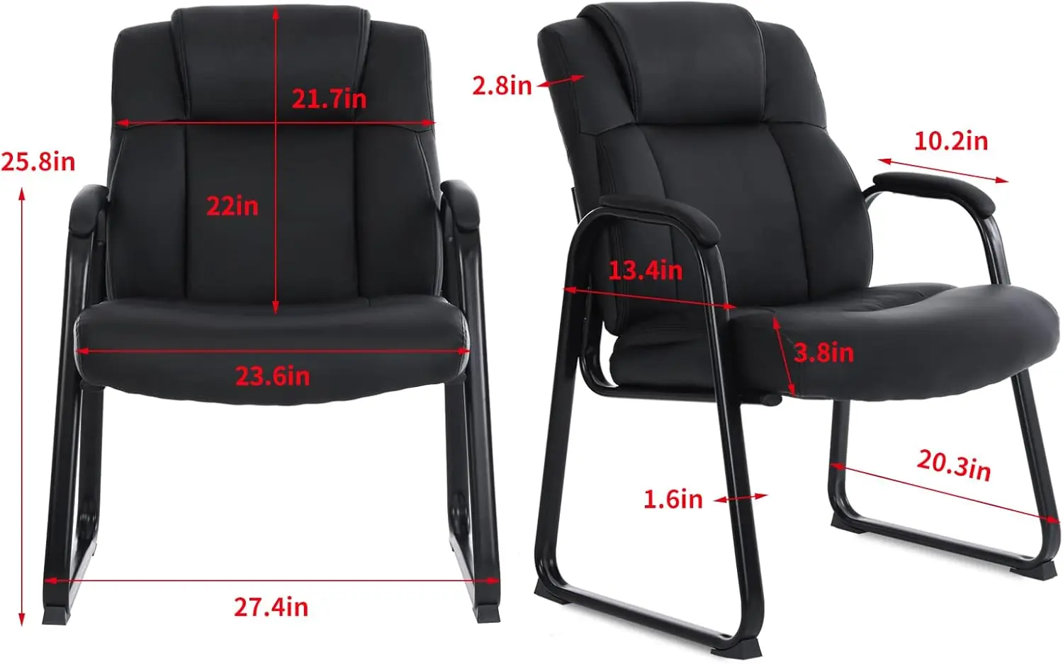 Leather Reception Chairs with Sled Base and Padded Arm Rest for Waiting Room Office Home and Meeting Conference-Black (2 Pack)