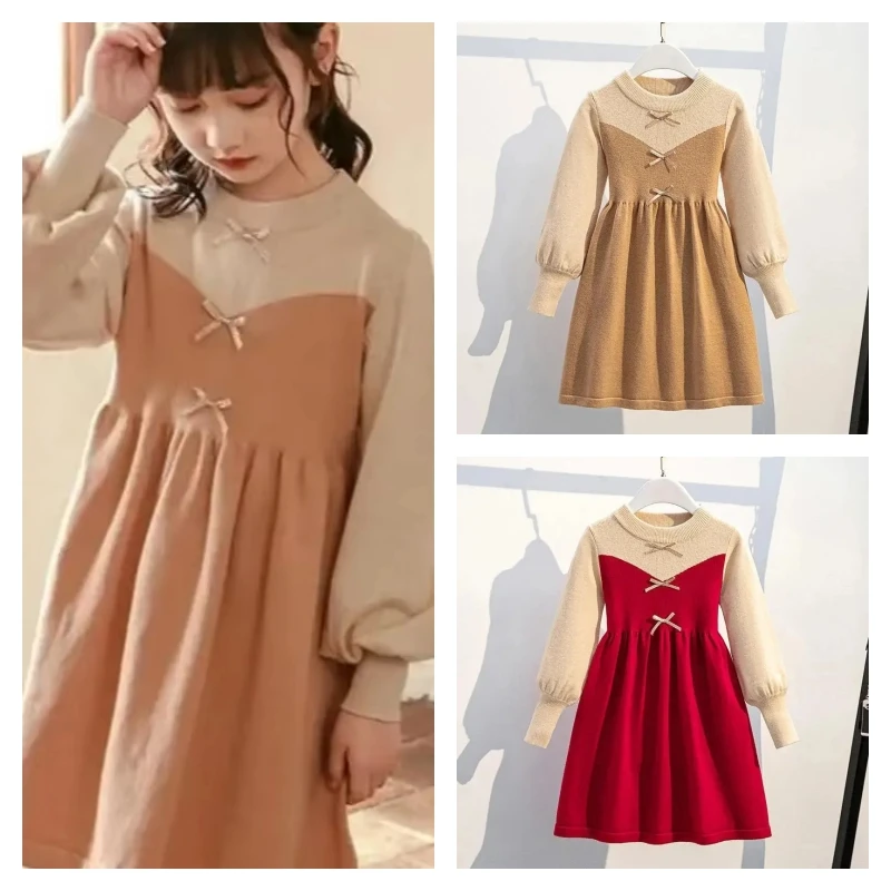 

Популярное кавайное модное платье для девочек, студенческое осенне-зимнее повседневное свитер с круглым вырезом, пуловер, топы, вязаная юбка, детская одежда