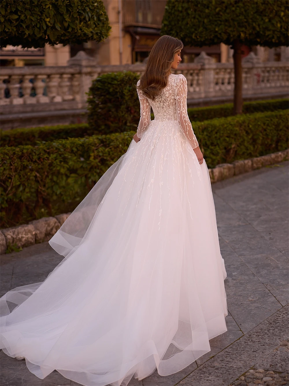 

Customized Elegant White Organza Wedding Dress Formal O-Neck Long Sleeves Bridal Gowns Soft A-Line Court Train Vestido De Novia