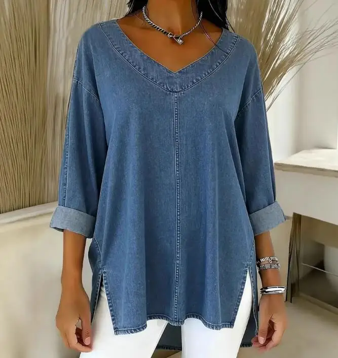 

2026 Spring/Summer New Women's Street Fashion Casual Solid Color Cowboy V-neck Top Women's Wear