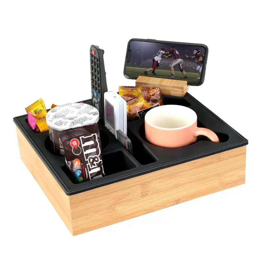

Cup Holder Tray, Silicone Bamboo Couch Caddy with Rotatable Phone Holder for Bed Car Seat Organizer, Waterproof AntiSpill Couch
