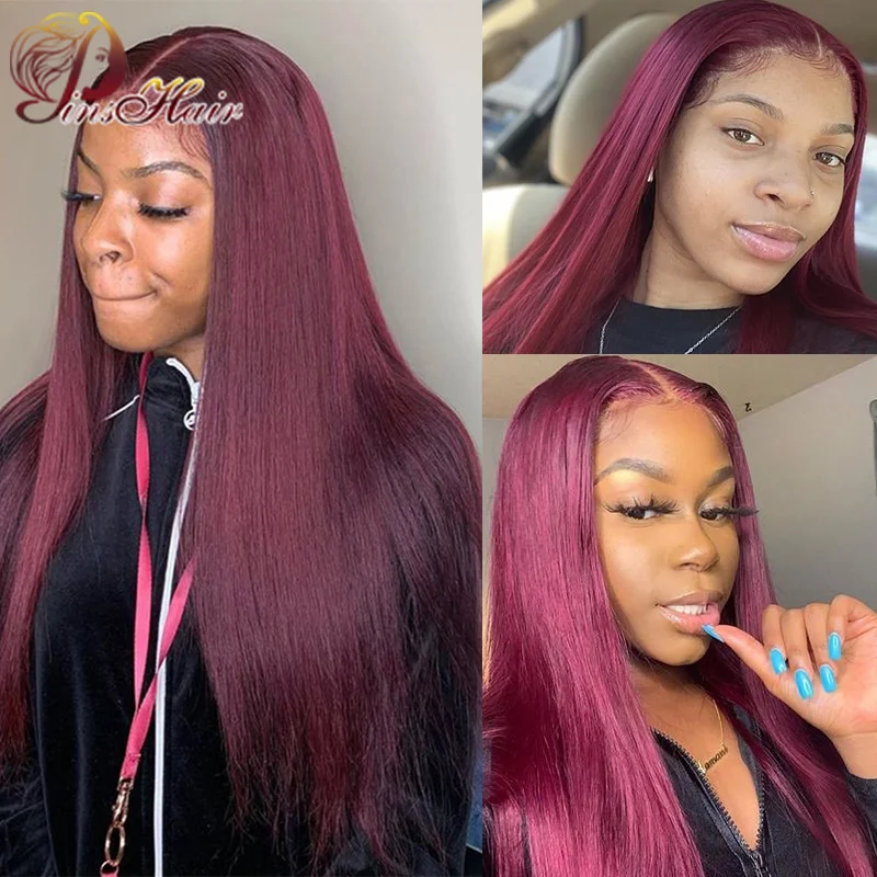 Peruvian Straight Wig Burgundy Red Lace Front Wig 99J Colored 13×4 Lace Frontal Wigs Human Hair 180 Density Transparent Lace Wig