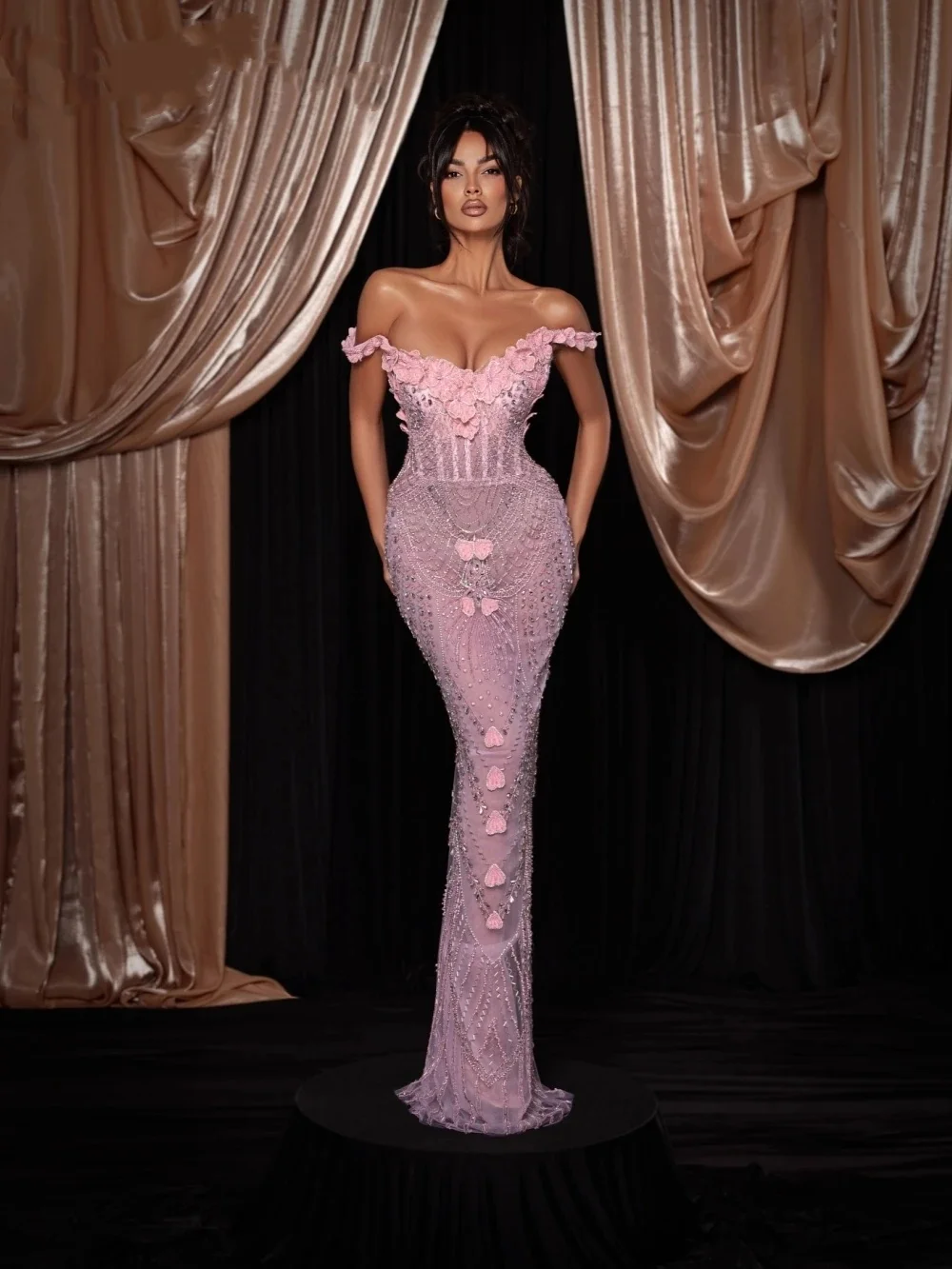 Fashion Flowers Evening Dresses Crystal Sequins Prom Gowns Off Shoulder Princess See Through Customized Vestidos De Noche