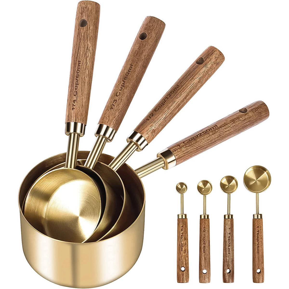 

8Pcs Stainless Steel Measure Cup and Spoon Set with Wooden Handle Nesting Kitchen Measuring Utensils for Food/Baking/Cooking