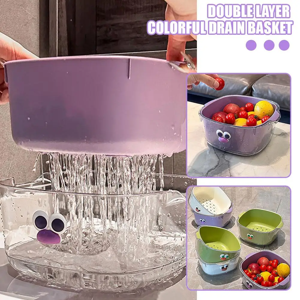 Double-layer Drain Basket Dopamine Household Cute Cleaning Fruit Filter Two-in-one Thickened Basket Water Washing Plate N9H4