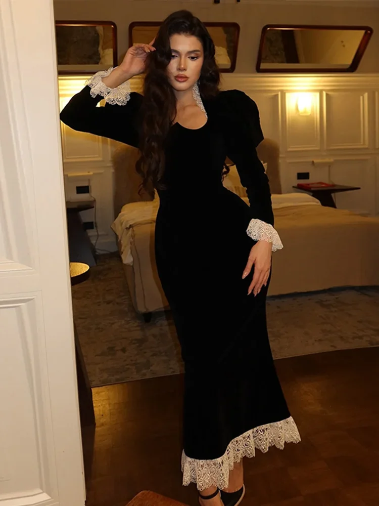 

Elegant Velvet Women Long Dresses Fashion Square Collar Full Sleeve Patchwork Slim Dress Female Spring Puff Sleeve Ladies Robe