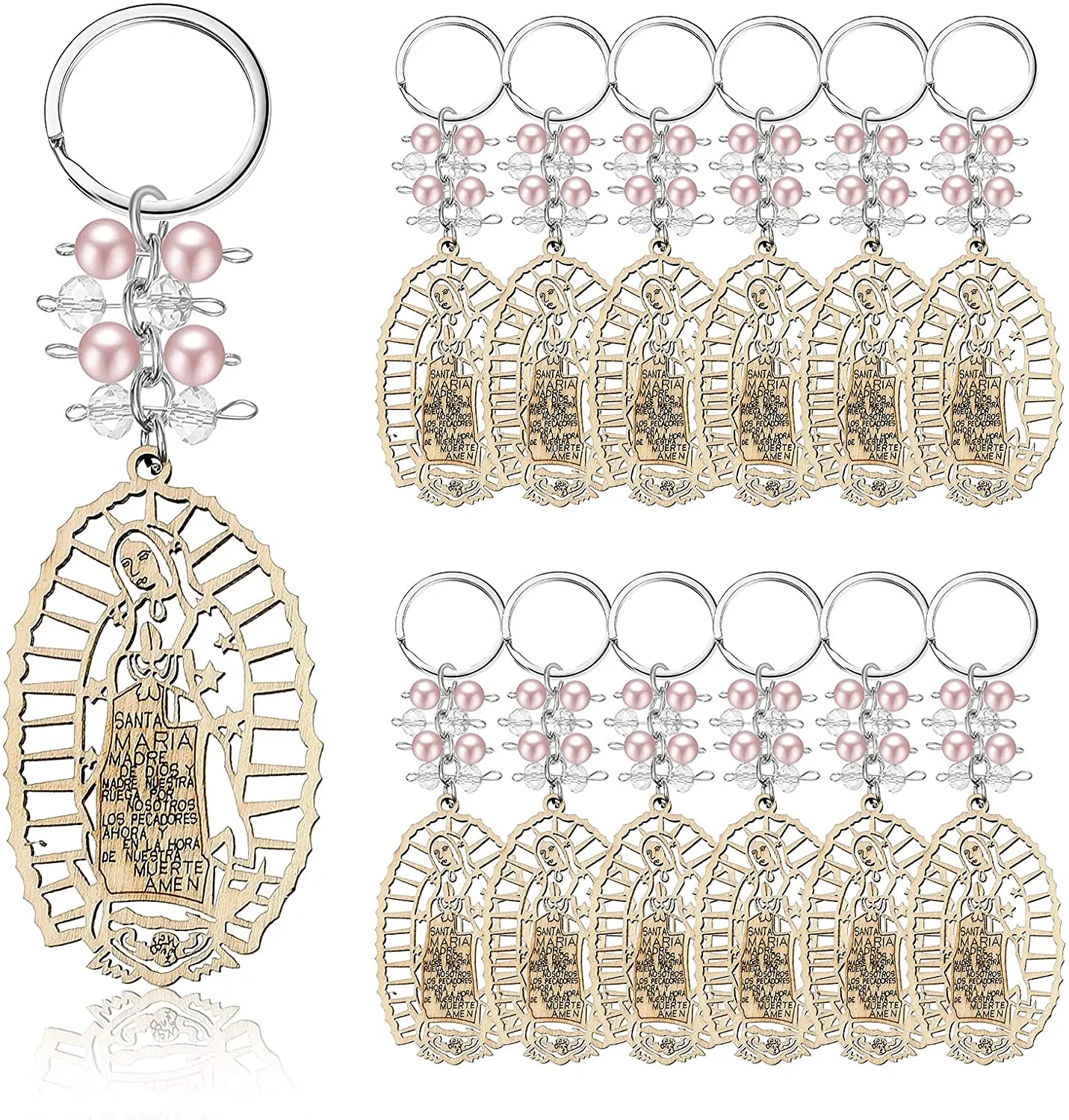 12 Pcs Baptism Wood Keychain Our Lady of Guadalupe Bautizo Wood Keychain Christening Favor Baptismal Souvenirs Communion (Pink)