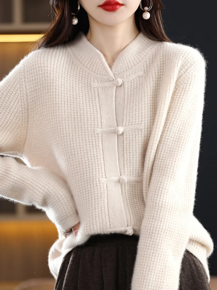 100% Pure Wool Cardigan Casual Knitted Half-high Collar Women China Knot Buckle Sweater Knitted Autumn Winter Cashmere Jacket