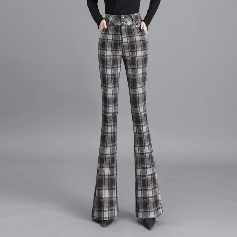 Vintage Fashion Autumn Winter Woolen Flare Pants Women High Waist Plaid Button Pockets Temperament Casual Slim Wide Leg Trousers