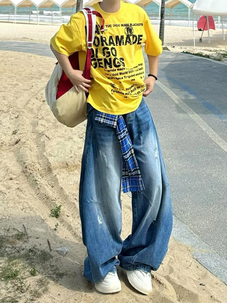 

Темно-синие мужские джинсы с завышенной талией, свободные широкие брюки длиной до пола, уличные брюки в стиле ретро, американские брюки-ножи, повседневные длинные футболки с высокой талией...