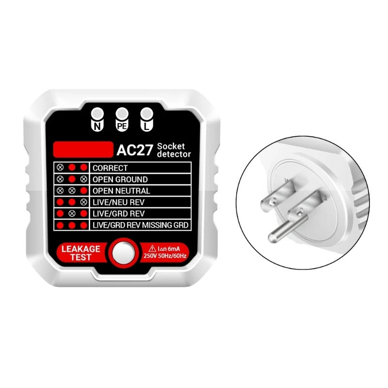 Socket Tester Spanningstest RCD30mA Socket Detectors Grounds LinePlug