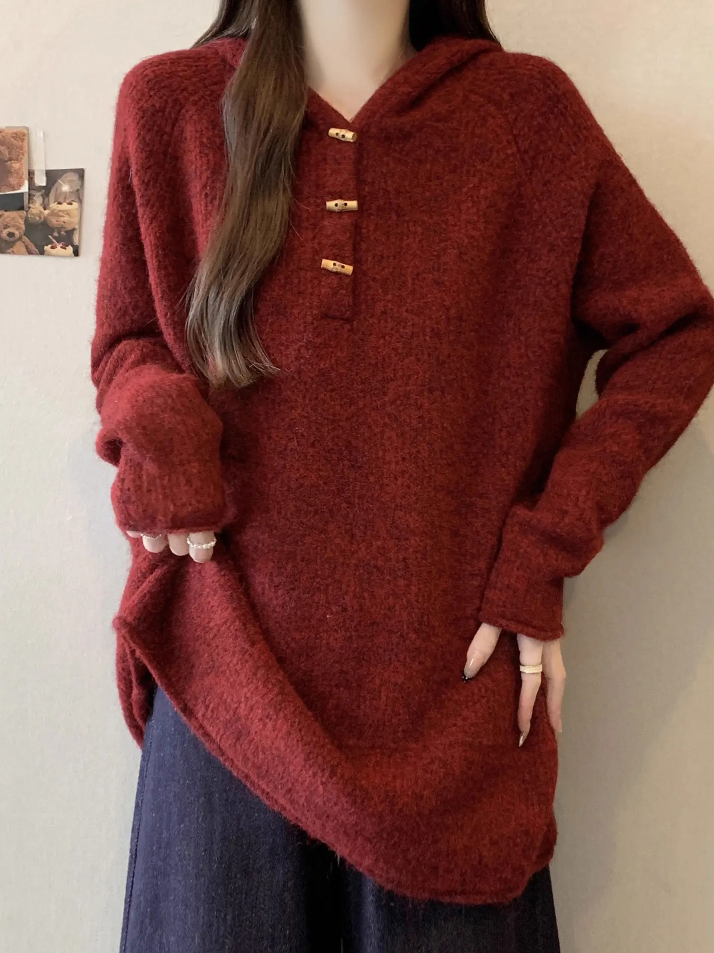 

Casual Loose Fit Long Sve Hoodie Knitwear Red Women's Sweatirt Comfortable Lazy Sle Autumn Winter plus Size Jaet