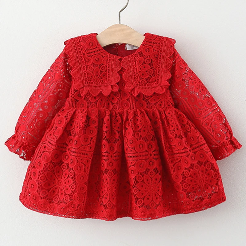 Korean Style Baby Girl Lace Princess Dress 1st Birthday Party Dress Long Sleeve Doll Collar Outfit Spring Autumn