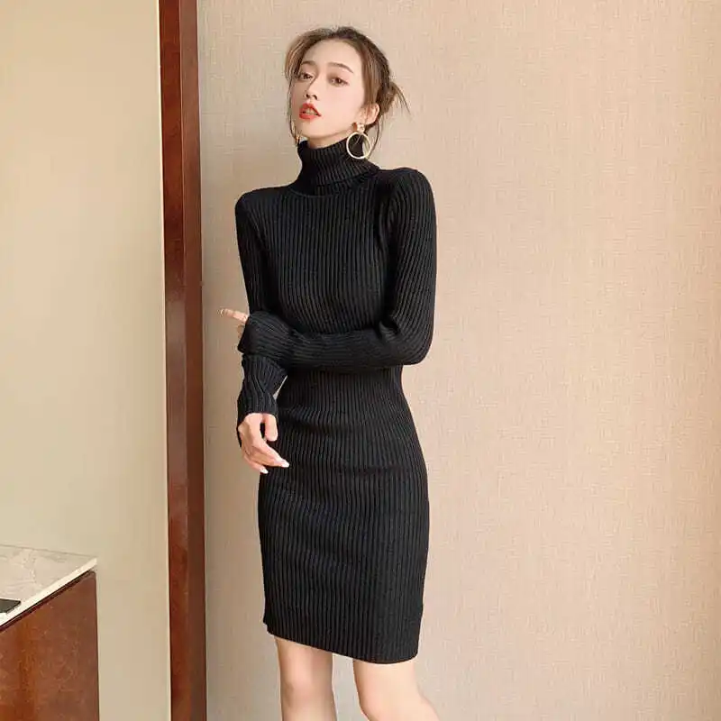 Schwarzer sexy Damenpullover, gestricktes Midikleid, Strickkleider für Damen, Herbst und Winter, 2025, figurbetont, kurz, koreanische Mode, Mini