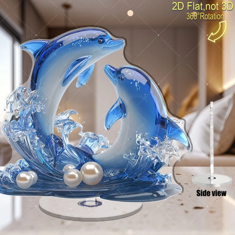 2D Flat, 2D Flat Rotating Acrylic Dolphin Ornament, Adorned with Sparkling Water Ripples And Pearls - Bright Blue Nautical Style