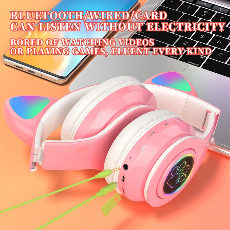 Flash Light Cute Cat Ear Headphones Wireless with Mic Can close LED Kids Girls Stereo Phone Music Bluetooth Headset Gamer Gift