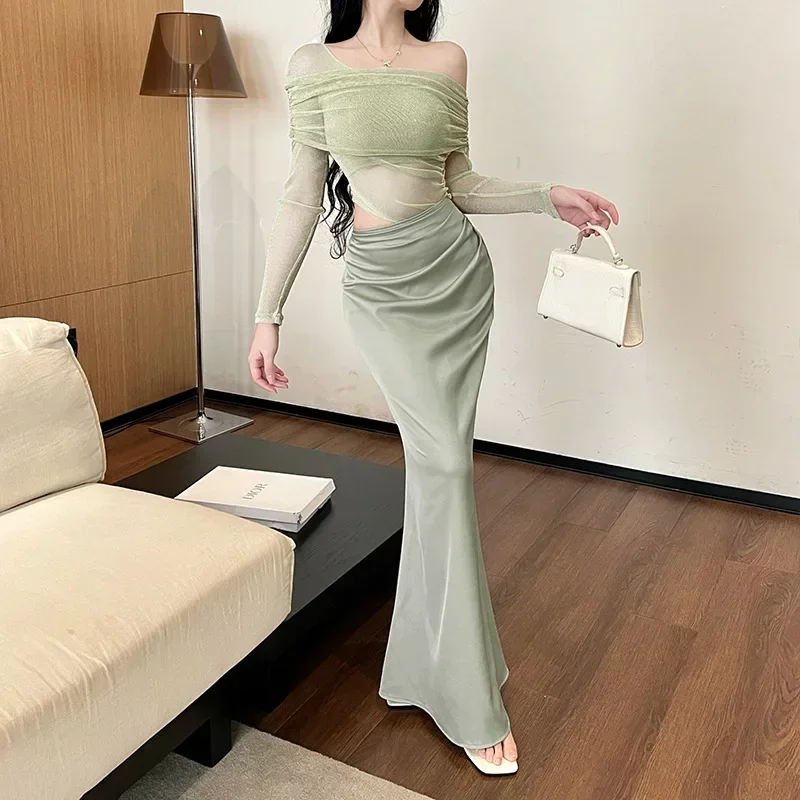 Spring and summer new slash neck mesh patchwork sexy long sleeved dress for women