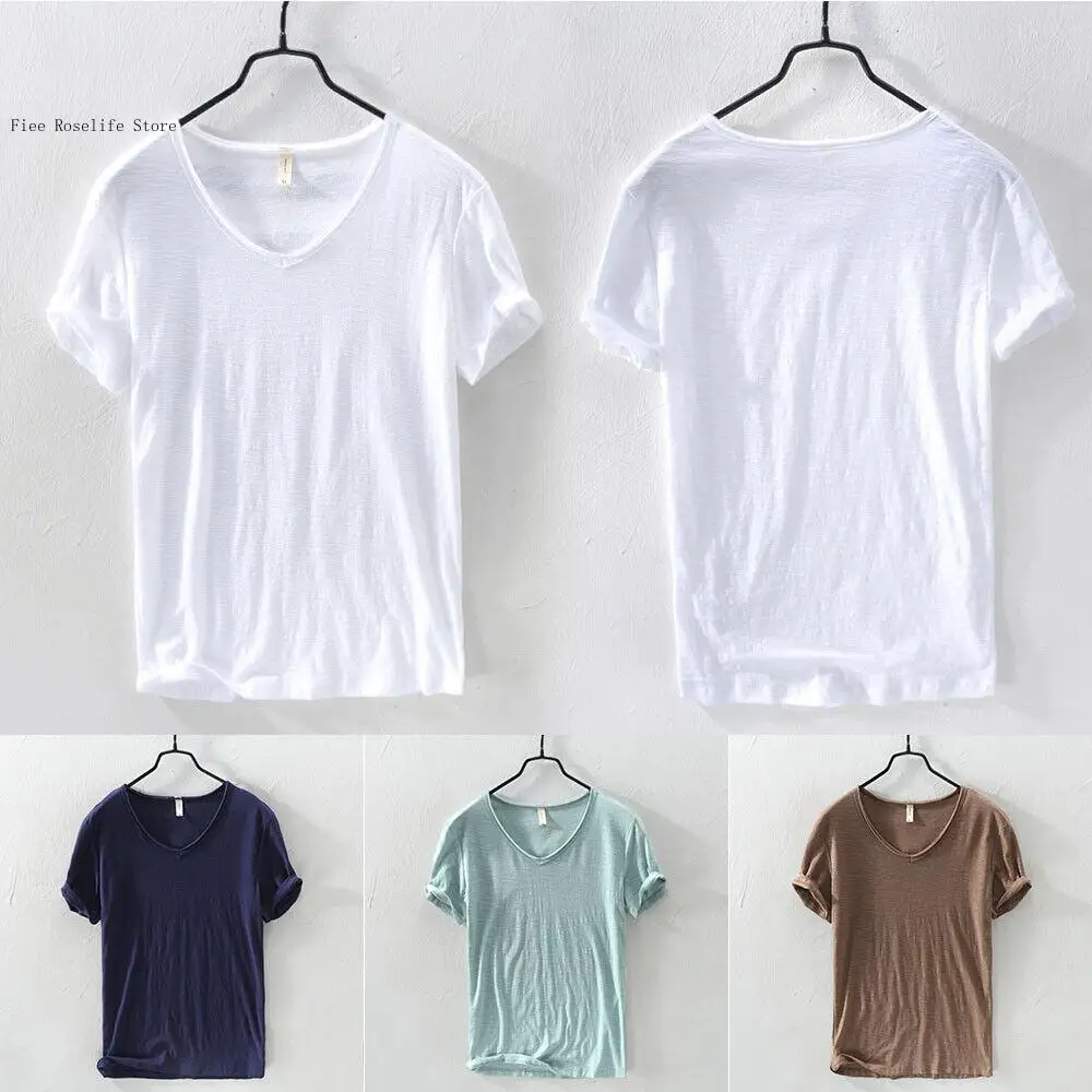 Casual Solid Color Cotton Thin Breathable Slim Fitting Short Sleeved T-Shirt Bottom Men