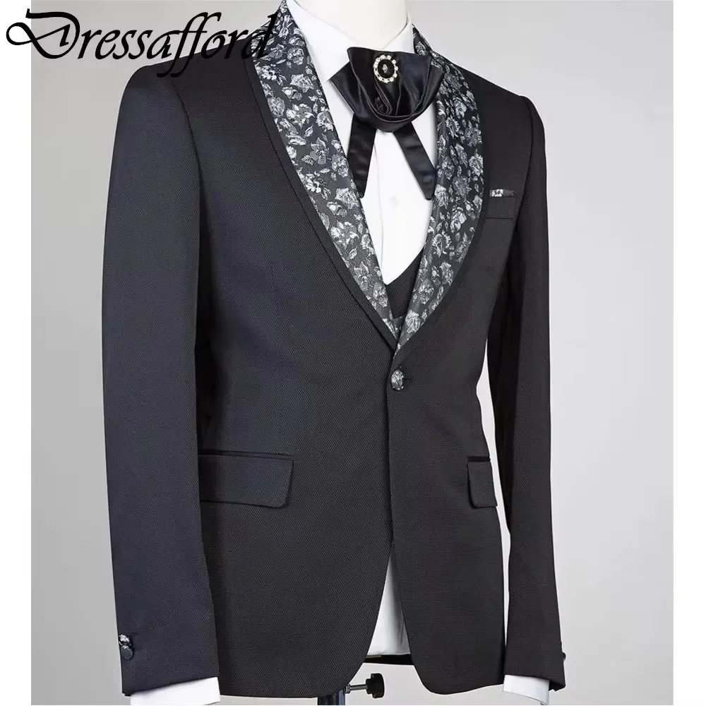 Black Three Pieces Men Suits Floral Print Formal Party Groom Wear ( Jacket + Vest + Pants )