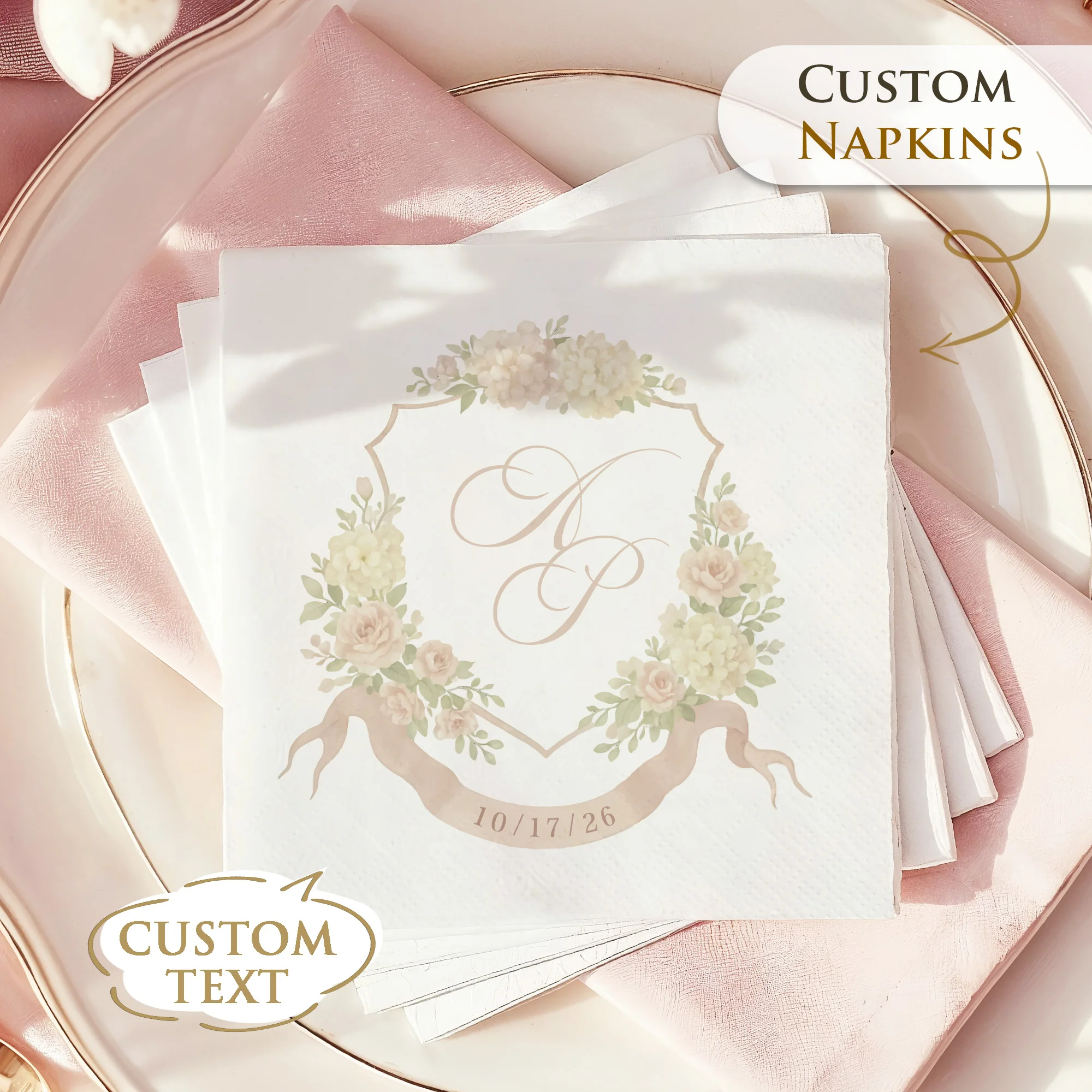 Personalisierte Servietten, 3-lagig, Cocktail-Servietten mit Blumenmuster, Einweg-Papierservietten für Hochzeit, Jubiläum, Brautparty-Dekoration