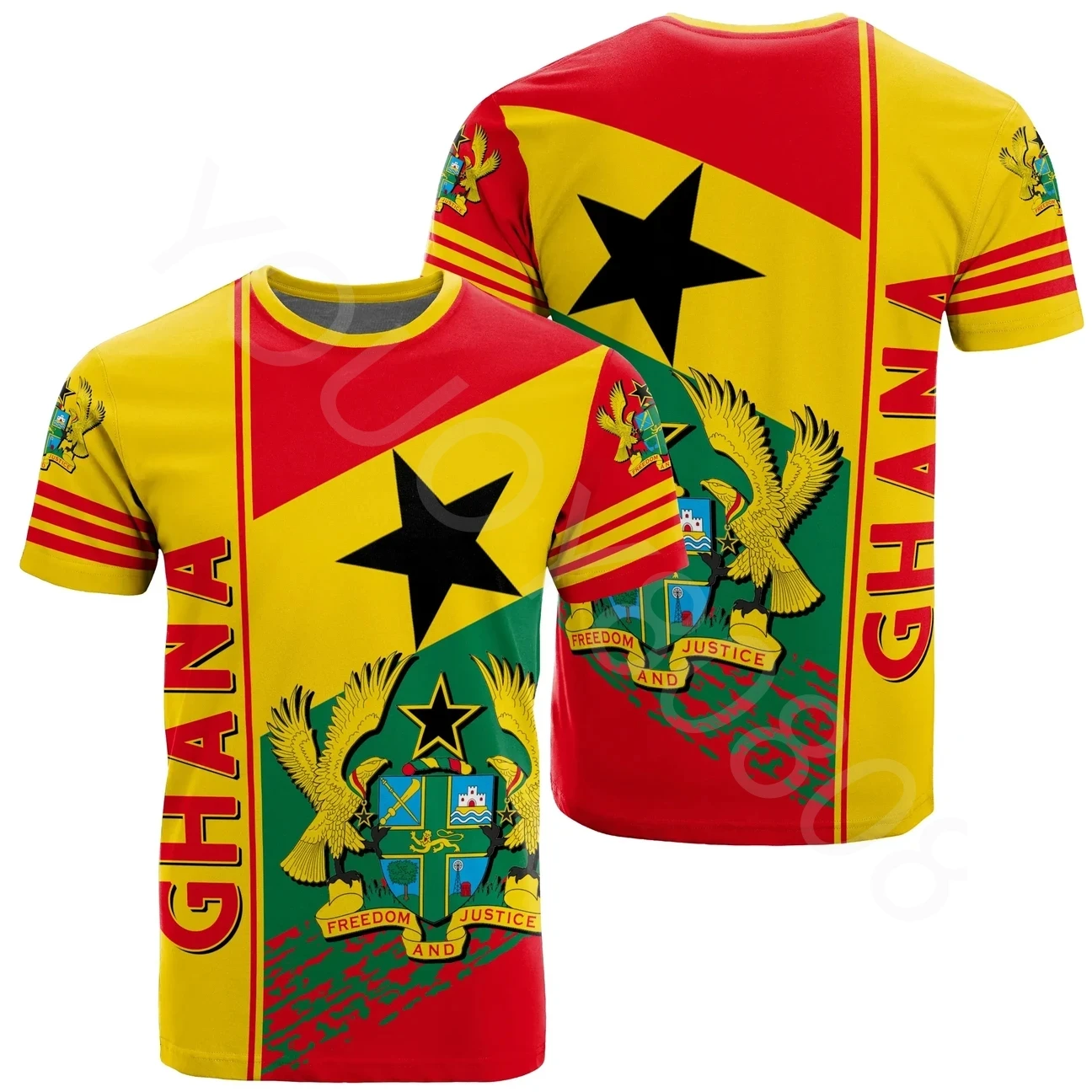 

African Region Summer Short Sleeve Men's Round Neck Street Casual Sports Style 3D Printed Ghana T-Shirt Quarter Style