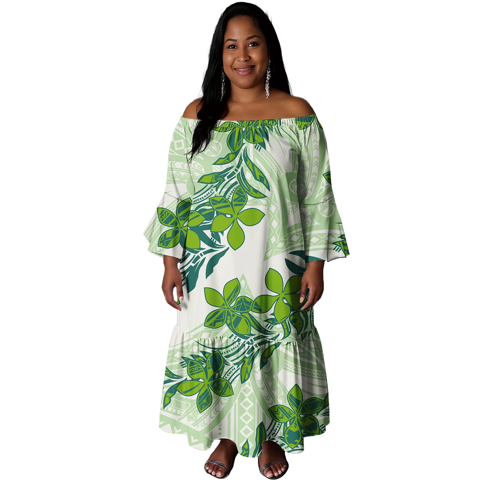 

Fashion Customized Fiji Samoan Tribal Design Elegant Fishtail Mermaid Dress Lady Long Sexy Off Shoulder Hawaiian Dress