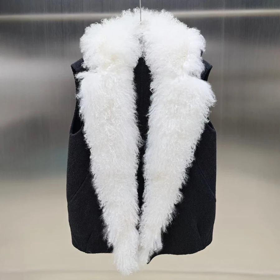 

Woolen Coats Woman Natural Lamb Fur Collar Warm Wool Coat For Women Winter New Outerwear