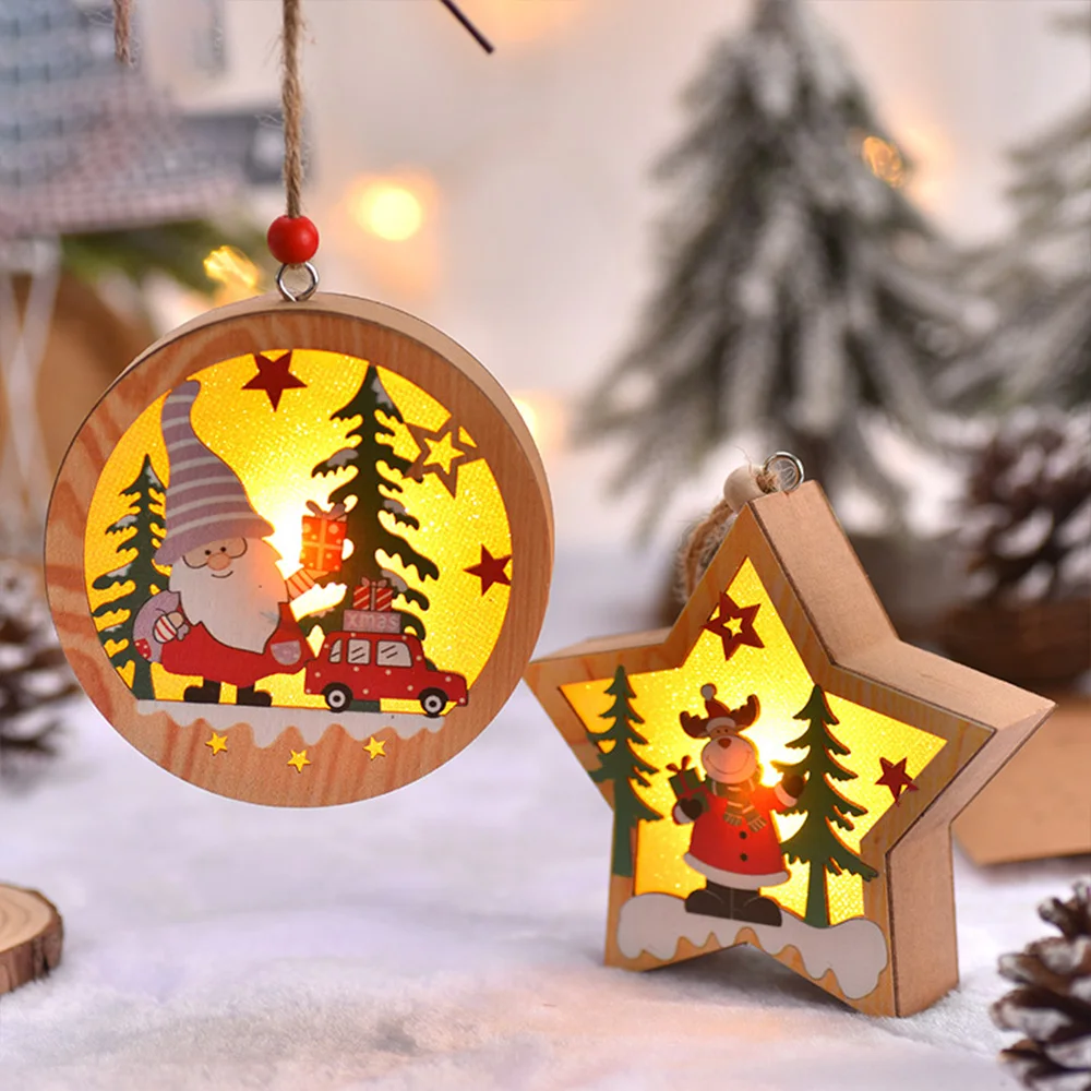 Christmas Wooden Hanging Tree Pendant Santa Claus Snowman Deer Tree Night Light Party Supplies for Home Holiday Indoor Outdoor