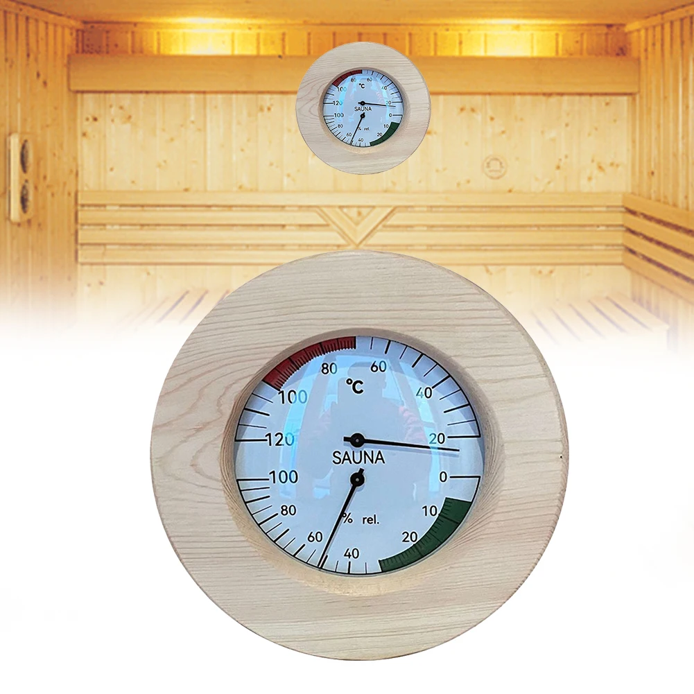 Two-in-one Sauna Thermometer Hygrometer Wooden Sauna Room Round Thermometer Hygrometer Temperature Measurement Tools 15x16x4cm